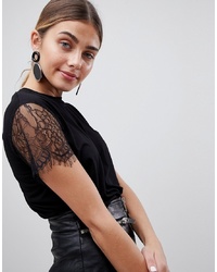 Женская черная кружевная футболка с круглым вырезом от PrettyLittleThing