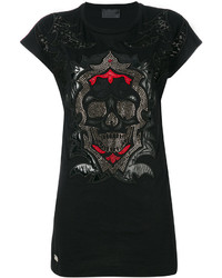 Женская черная кружевная футболка с украшением от Philipp Plein