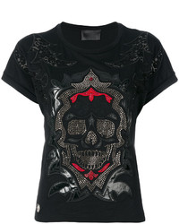 Женская черная кружевная футболка с украшением от Philipp Plein
