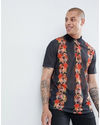 Мужская черная льняная футболка-поло с цветочным принтом от ASOS DESIGN