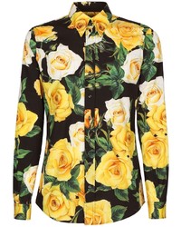 Мужская черная рубашка с длинным рукавом с цветочным принтом от Dolce & Gabbana