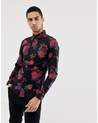 Мужская черная рубашка с длинным рукавом с цветочным принтом от New Look