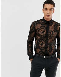 Мужская черная рубашка с длинным рукавом с цветочным принтом от Twisted Tailor
