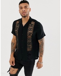 Мужская черная рубашка с коротким рукавом с украшением от ASOS DESIGN