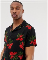 Мужская черная рубашка с коротким рукавом с цветочным принтом от New Look