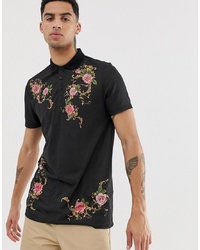 Мужская черная футболка-поло с цветочным принтом от ASOS DESIGN