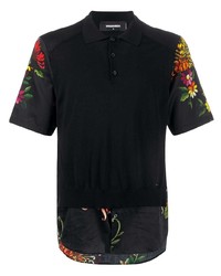 Мужская черная футболка-поло с цветочным принтом от DSQUARED2