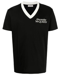 Мужская черная футболка с v-образным вырезом с вышивкой от Alexander McQueen