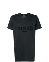 Мужская черная футболка с v-образным вырезом с принтом от Balmain