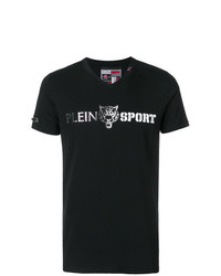 Мужская черная футболка с v-образным вырезом с принтом от Plein Sport