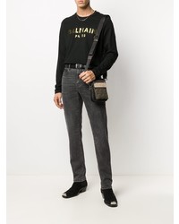 Мужская черная футболка с длинным рукавом с принтом от Balmain