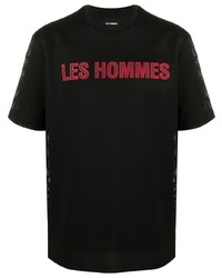 Мужская черная футболка с круглым вырезом в сеточку с принтом от Les Hommes
