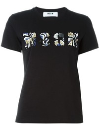 Женская черная футболка с круглым вырезом с вышивкой от MSGM