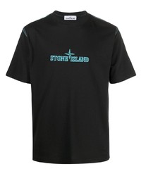 Мужская черная футболка с круглым вырезом с вышивкой от Stone Island