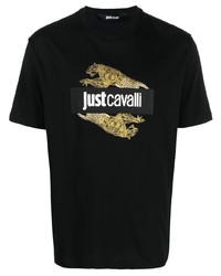 Мужская черная футболка с круглым вырезом с леопардовым принтом от Just Cavalli