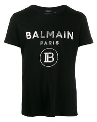 Мужская черная футболка с круглым вырезом с принтом от Balmain