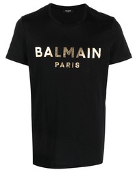 Мужская черная футболка с круглым вырезом с принтом от Balmain