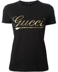 Женская черная футболка с круглым вырезом с принтом от Gucci
