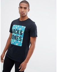 Мужская черная футболка с круглым вырезом с принтом от Jack & Jones