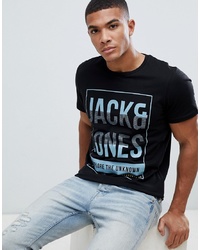 Мужская черная футболка с круглым вырезом с принтом от Jack & Jones