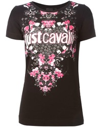 Женская черная футболка с круглым вырезом с принтом от Just Cavalli