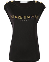 Женская черная футболка с круглым вырезом с принтом от PIERRE BALMAIN
