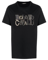 Мужская черная футболка с круглым вырезом с принтом от Roberto Cavalli