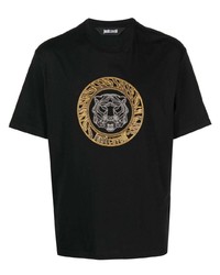 Мужская черная футболка с круглым вырезом с украшением от Just Cavalli