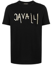 Мужская черная футболка с круглым вырезом с украшением от Roberto Cavalli