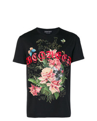 Мужская черная футболка с круглым вырезом с цветочным принтом от Alexander McQueen