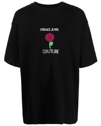 Мужская черная футболка с круглым вырезом с цветочным принтом от VERSACE JEANS COUTURE