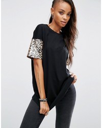 Черная футболка с пайетками с леопардовым принтом