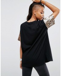 Женская черная футболка с пайетками с леопардовым принтом от Asos