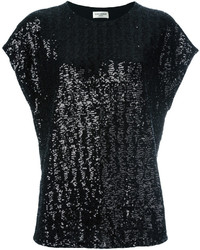 Женская черная футболка с пайетками с украшением от Saint Laurent