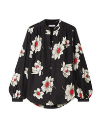 Черная шелковая блуза на пуговицах с цветочным принтом