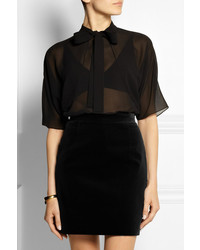 Черная шелковая блуза с коротким рукавом от Saint Laurent