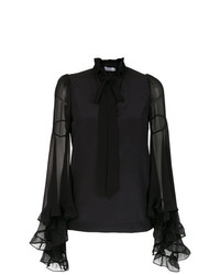 Черная шелковая блузка с длинным рукавом с рюшами от Isolda