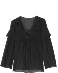 Черная шелковая блузка с рюшами