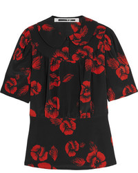 Черная шелковая блузка с цветочным принтом от MCQ