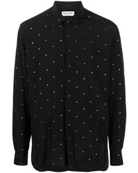 Мужская черная шелковая рубашка с длинным рукавом в горошек от Saint Laurent