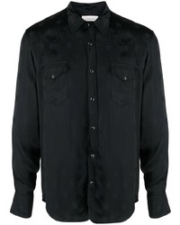 Мужская черная шелковая рубашка с длинным рукавом с принтом от Laneus