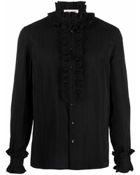 Черная шелковая рубашка с длинным рукавом с рюшами