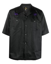 Мужская черная шелковая рубашка с коротким рукавом с вышивкой от Needles