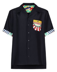 Мужская черная шелковая рубашка с коротким рукавом с принтом от Dolce & Gabbana