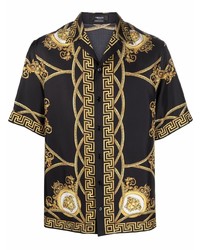 Мужская черная шелковая рубашка с коротким рукавом с принтом от Versace