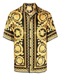 Мужская черная шелковая рубашка с коротким рукавом с принтом от Versace