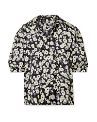 Черная шелковая рубашка с коротким рукавом с цветочным принтом