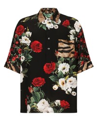 Мужская черная шелковая рубашка с коротким рукавом с цветочным принтом от Dolce & Gabbana