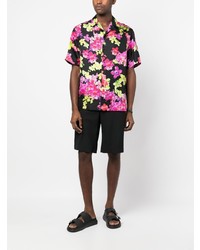 Мужская черная шелковая рубашка с коротким рукавом с цветочным принтом от Versace