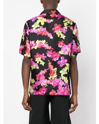 Мужская черная шелковая рубашка с коротким рукавом с цветочным принтом от Versace